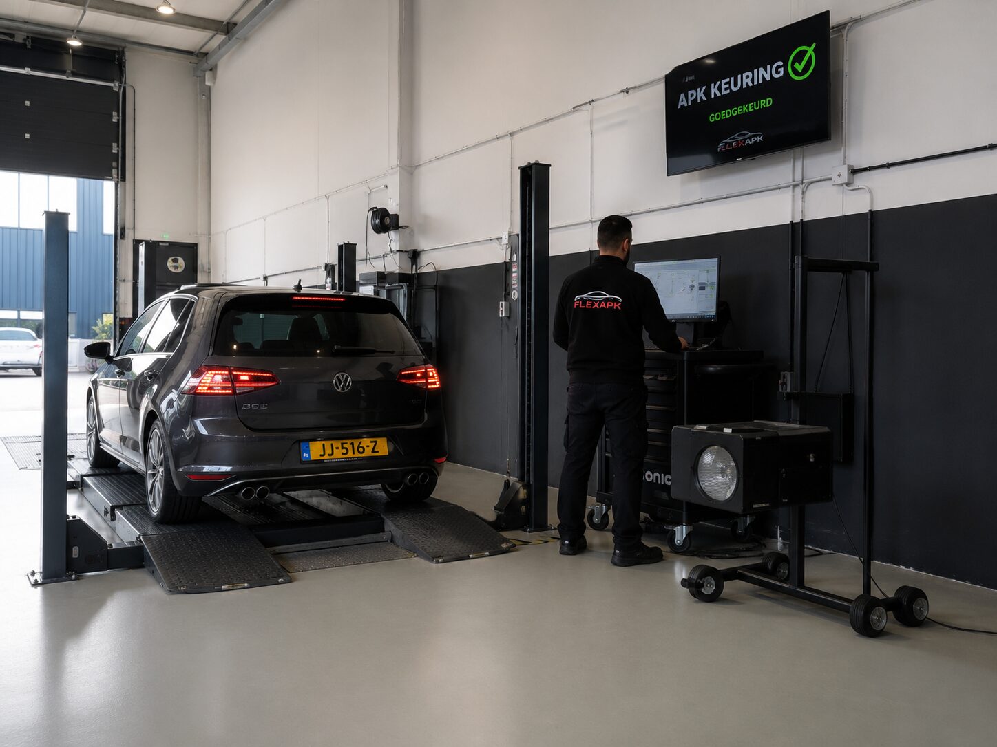 Monteur van FlexAPK voert een APK keuring uit op een auto in de werkplaats in Almere