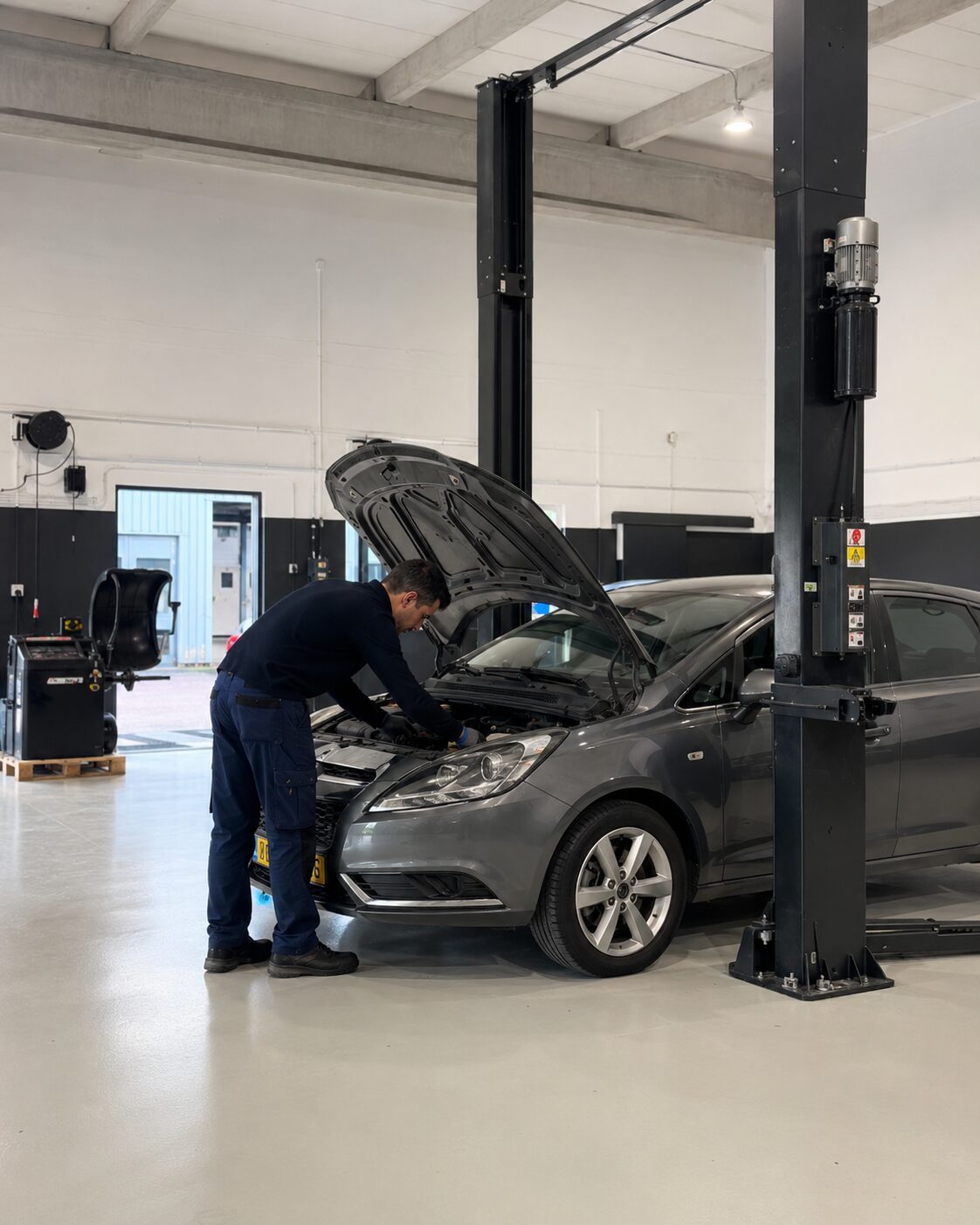 Monteur van FlexAPK werkt aan een auto met open motorkap tijdens onderhoud