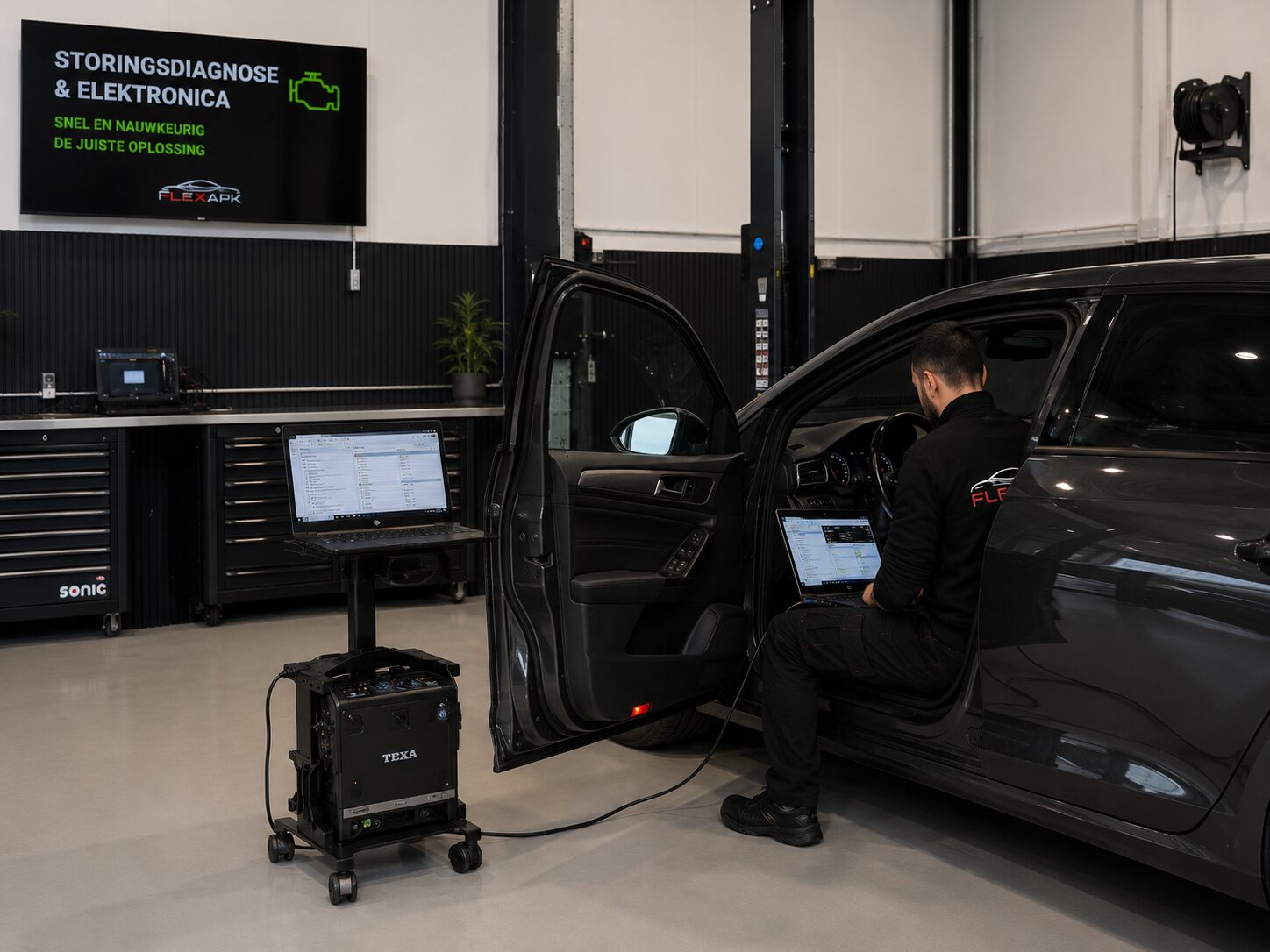 Monteur van FlexAPK leest een auto uit met diagnoseapparatuur