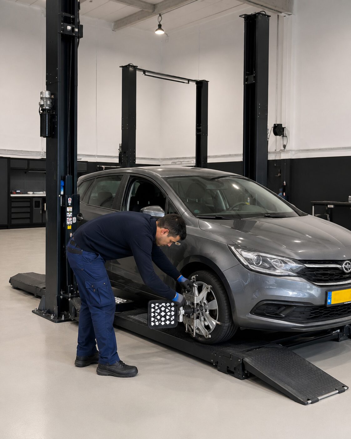 Monteur van FlexAPK controleert een voorwiel van een auto op de hefbrug