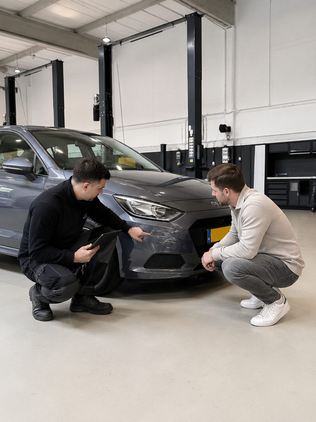 Twee medewerkers van FlexAPK bekijken schade aan de voorkant van een auto